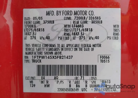 2005 Ford F-150 Fx4/Lariat/Xlt from USA, damaged, VIN 1FTPW145X5FB21437